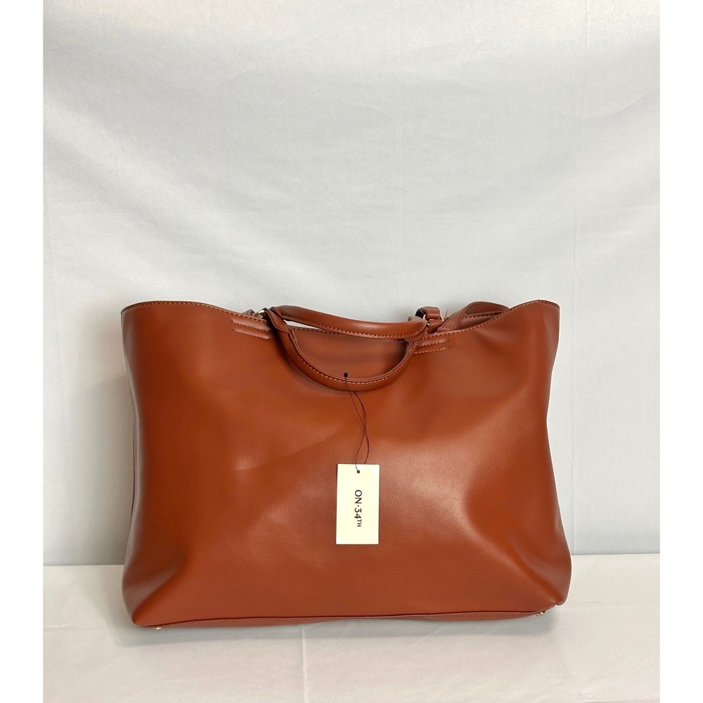 On 34th Womens Cognac Brown Faux Leather Tote Bag Polka Dot Lining NEW